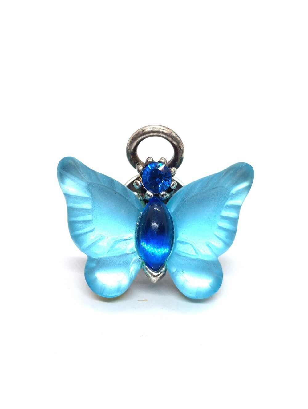 Blue Butterfly Pin Frosted Wings Rhinestone Center Elegant Vintage Brooch